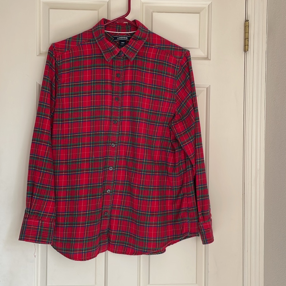 Lands' End Women’s Vibrant Red and Green Plaid Shirt, size 14P. 100% cotton